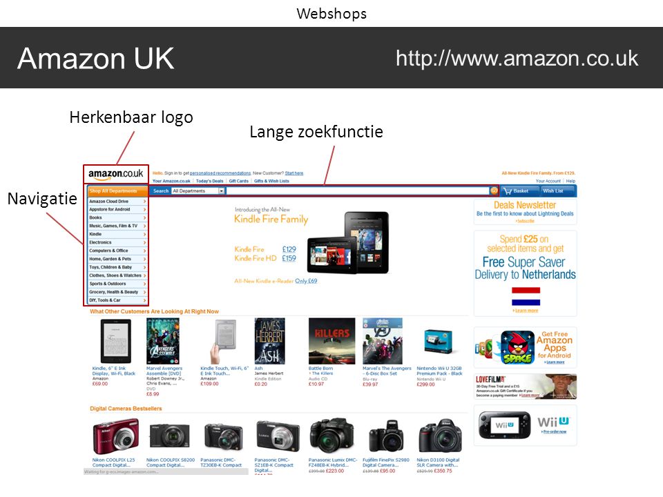 Amazon UK   Webshops Herkenbaar logo Lange zoekfunctie Navigatie
