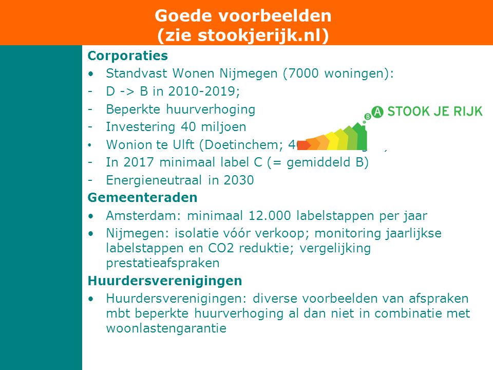 Corporaties •Standvast Wonen Nijmegen (7000 woningen): -D -> B in ; -Beperkte huurverhoging -Investering 40 miljoen • Wonion te Ulft (Doetinchem; 4000 woningen): -In 2017 minimaal label C (= gemiddeld B) -Energieneutraal in 2030 Gemeenteraden •Amsterdam: minimaal labelstappen per jaar •Nijmegen: isolatie vóór verkoop; monitoring jaarlijkse labelstappen en CO2 reduktie; vergelijking prestatieafspraken Huurdersverenigingen •Huurdersverenigingen: diverse voorbeelden van afspraken mbt beperkte huurverhoging al dan niet in combinatie met woonlastengarantie Goede voorbeelden (zie stookjerijk.nl)