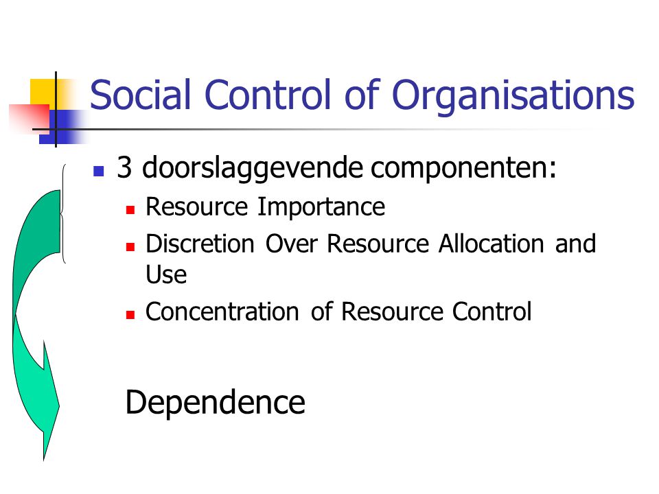 Social Control of Organisations  3 doorslaggevende componenten:  Resource Importance  Discretion Over Resource Allocation and Use  Concentration of Resource Control Dependence