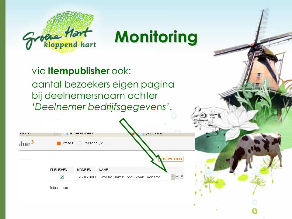 Monitoring via Itempublisher ook: aantal bezoekers eigen pagina bij deelnemersnaam achter ‘Deelnemer bedrijfsgegevens’.