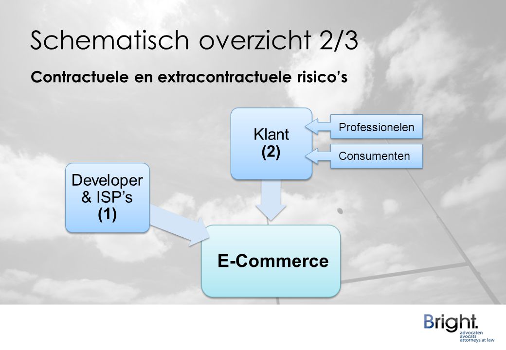 Schematisch overzicht 2/3 Developer & ISP’s (1) Klant (2) Professionelen Consumenten Contractuele en extracontractuele risico’s E-Commerce