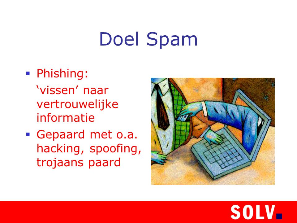 Doel Spam  Phishing: ‘vissen’ naar vertrouwelijke informatie  Gepaard met o.a.