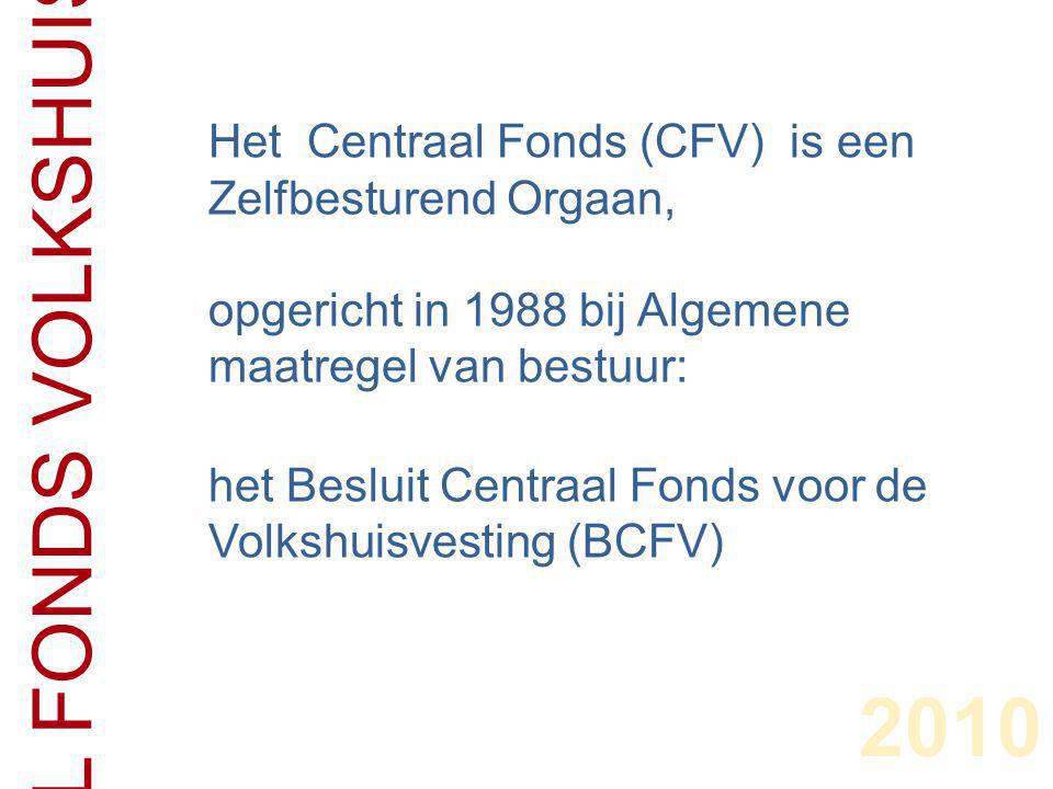 CENTRAAL FONDS VOLKSHUISVESTING 2010 Het Centraal Fonds (CFV) is een Zelfbesturend Orgaan, opgericht in 1988 bij Algemene maatregel van bestuur: het Besluit Centraal Fonds voor de Volkshuisvesting (BCFV)