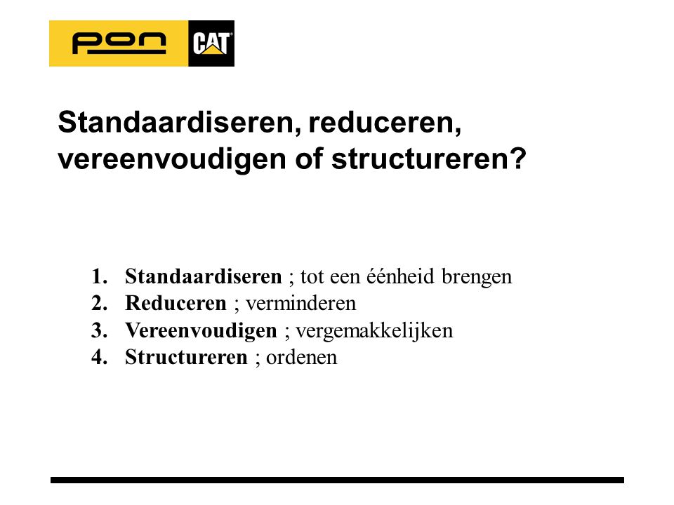 Standaardiseren, reduceren, vereenvoudigen of structureren.