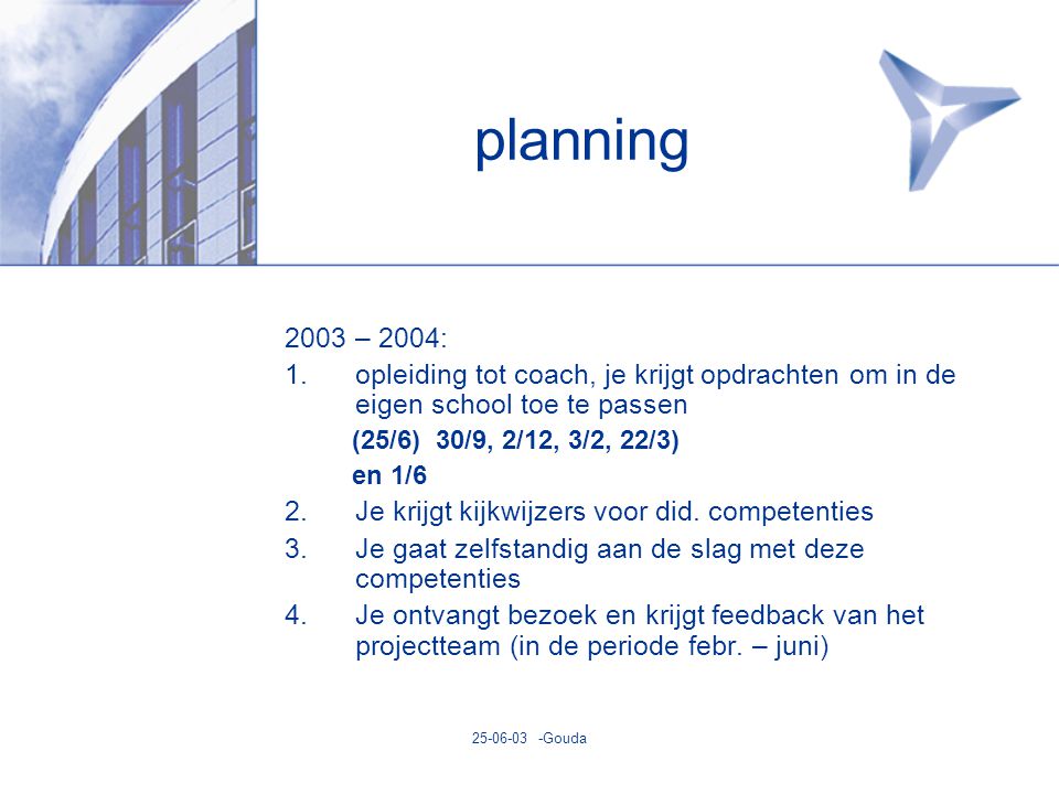 Gouda planning 2003 – 2004: 1.opleiding tot coach, je krijgt opdrachten om in de eigen school toe te passen (25/6) 30/9, 2/12, 3/2, 22/3) en 1/6 2.Je krijgt kijkwijzers voor did.