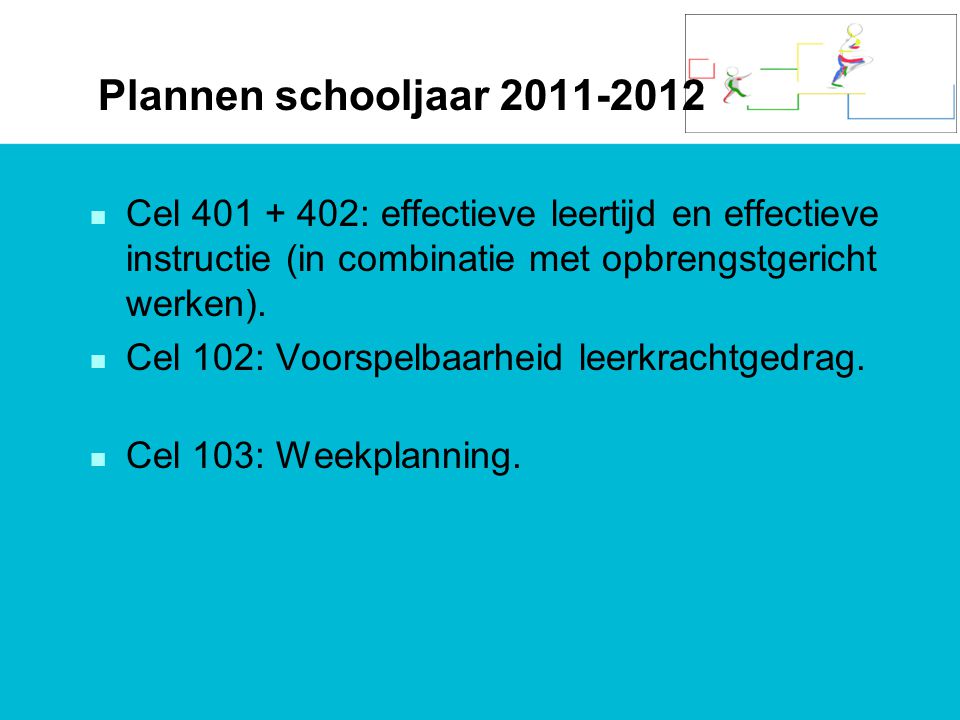Plannen schooljaar n Cel : effectieve leertijd en effectieve instructie (in combinatie met opbrengstgericht werken).