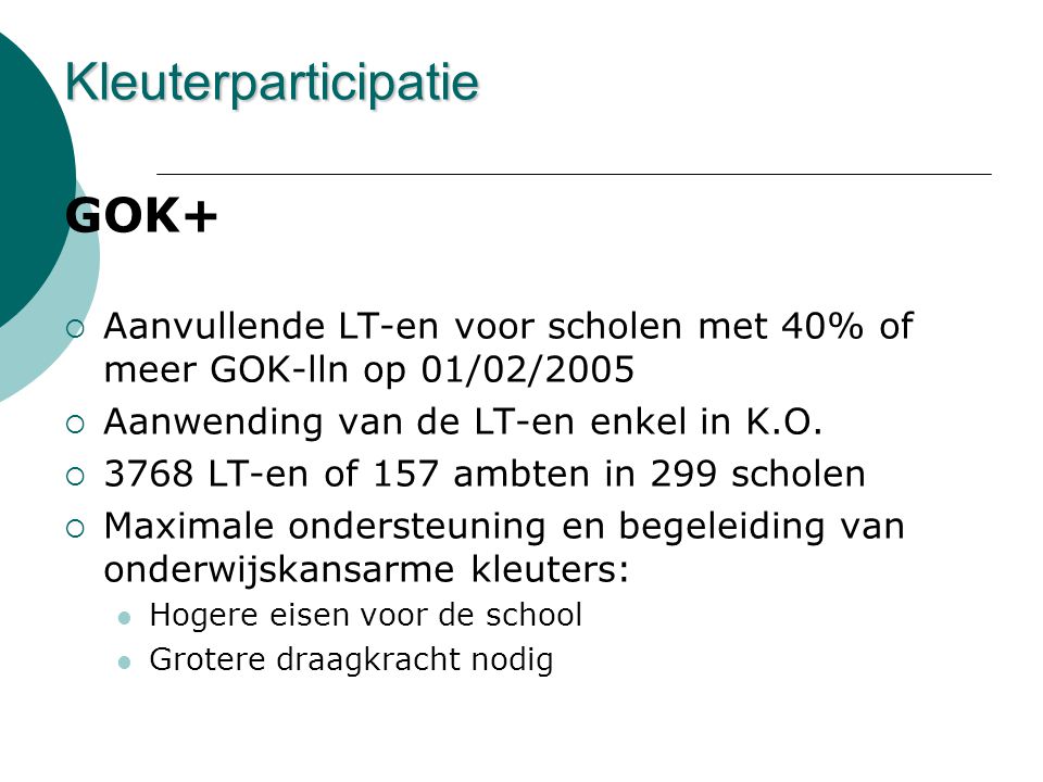 GOK+  Aanvullende LT-en voor scholen met 40% of meer GOK-lln op 01/02/2005  Aanwending van de LT-en enkel in K.O.