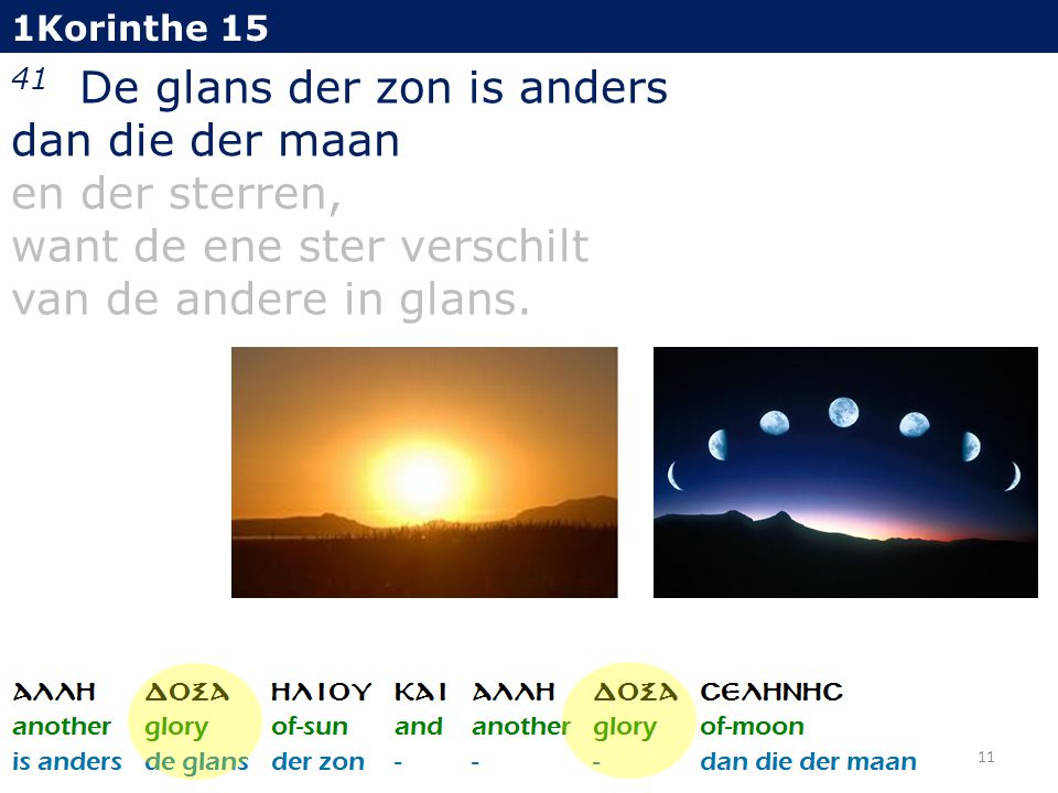 1Korinthe De glans der zon is anders dan die der maan en der sterren, want de ene ster verschilt van de andere in glans.