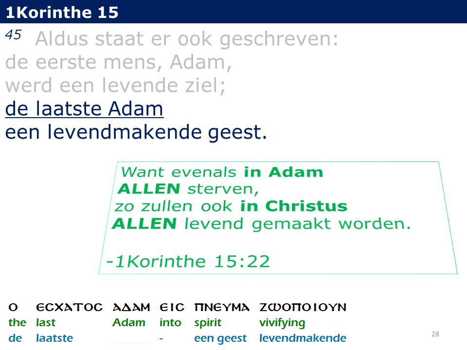 1Korinthe Aldus staat er ook geschreven: de eerste mens, Adam, werd een levende ziel; de laatste Adam een levendmakende geest.