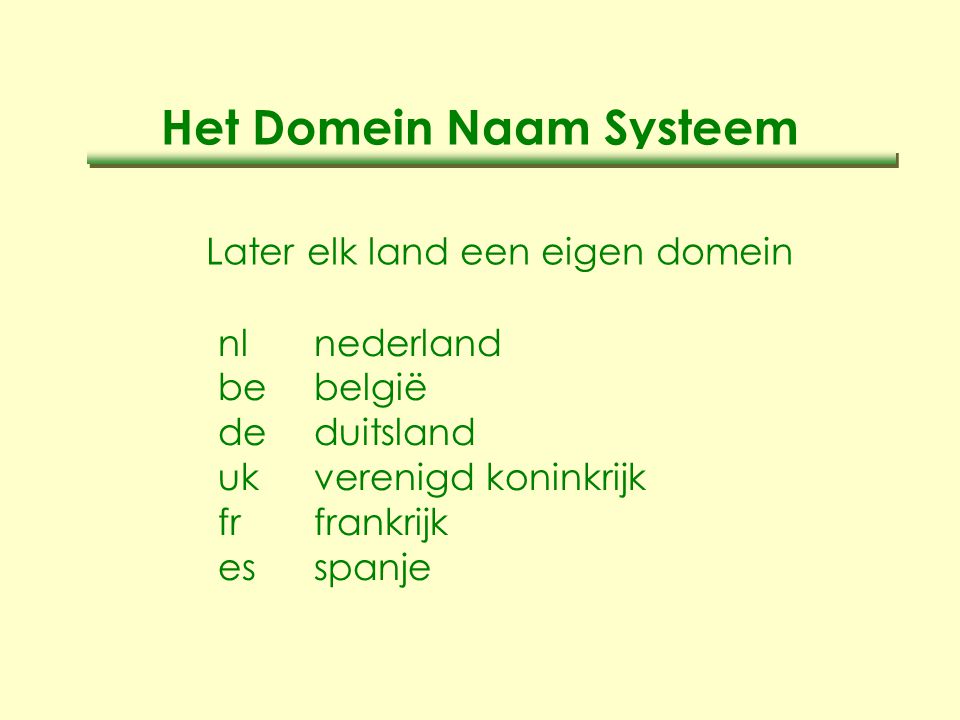 Het Domein Naam Systeem Later elk land een eigen domein nlnederland bebelgië deduitsland ukverenigd koninkrijk frfrankrijk esspanje