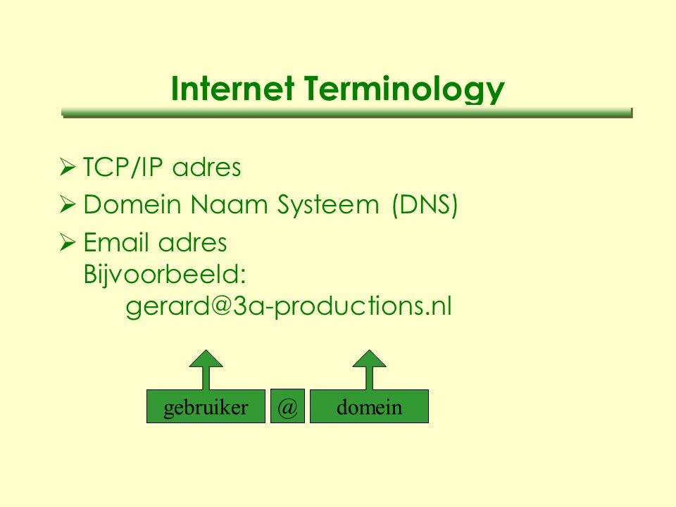 Internet Terminology  TCP/IP adres  Domein Naam Systeem (DNS)   adres Bijvoorbeeld: