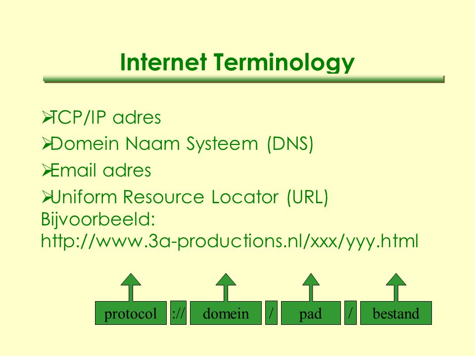 Internet Terminology  TCP/IP adres  Domein Naam Systeem (DNS)   adres  Uniform Resource Locator (URL) Bijvoorbeeld:   protocol :// domein / pad / bestand