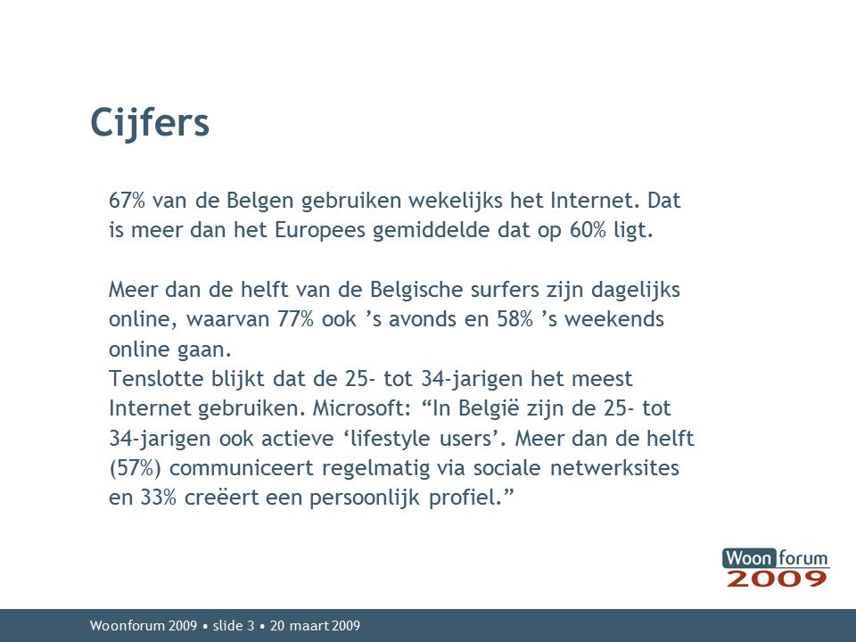 Woonforum 2009 slide 3 20 maart 2009 Cijfers 67% van de Belgen gebruiken wekelijks het Internet.