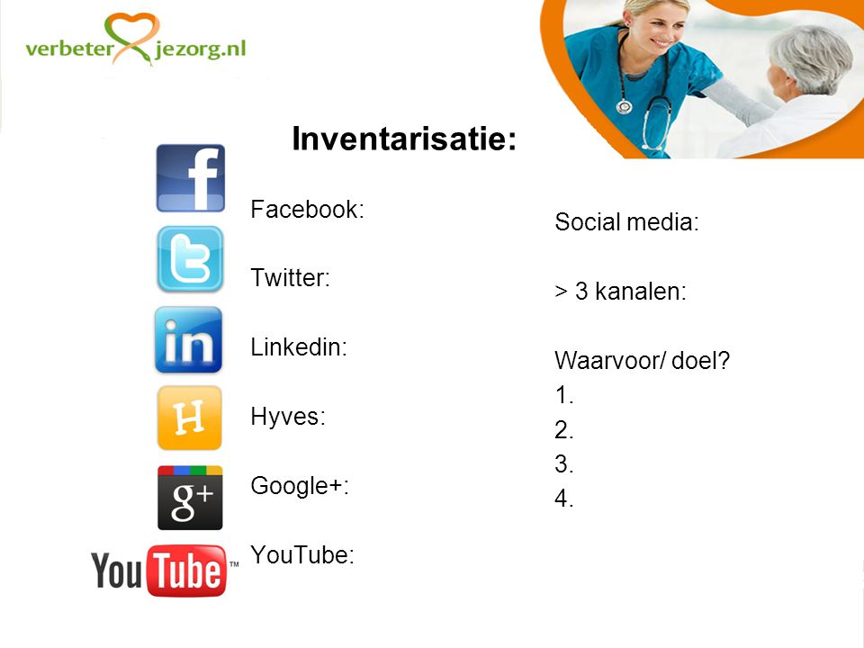 Inventarisatie: Facebook: Twitter: Linkedin: Hyves: Google+: YouTube: Social media: > 3 kanalen: Waarvoor/ doel.