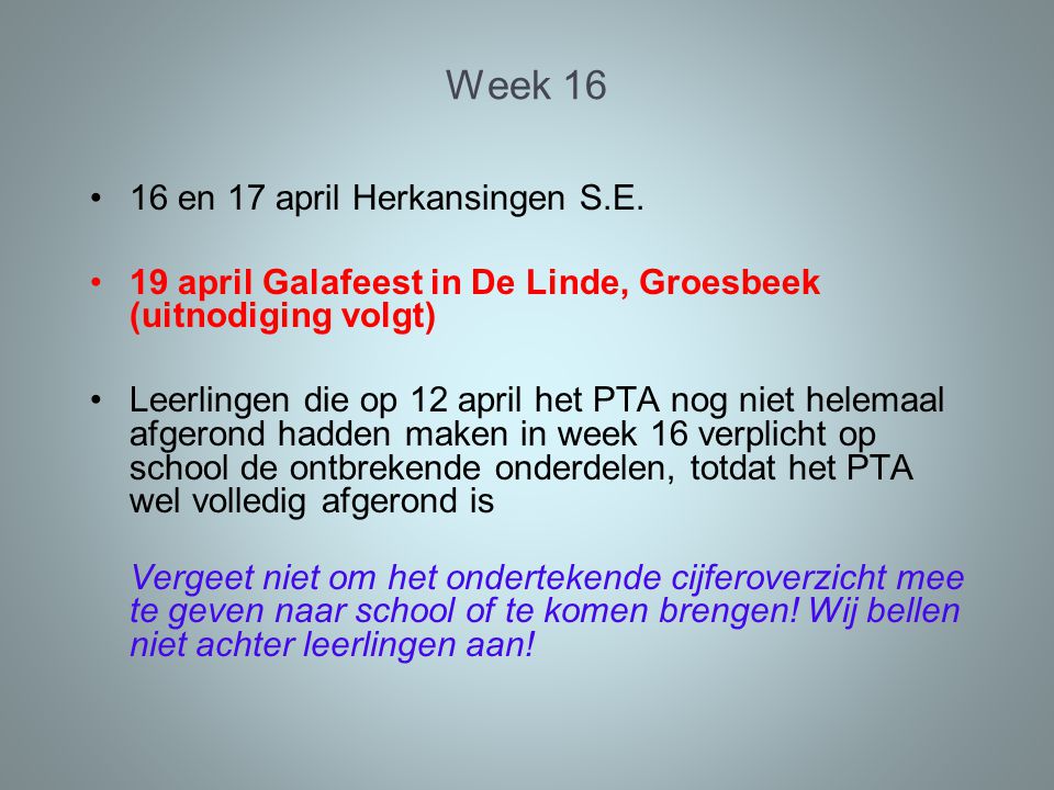 Week en 17 april Herkansingen S.E.