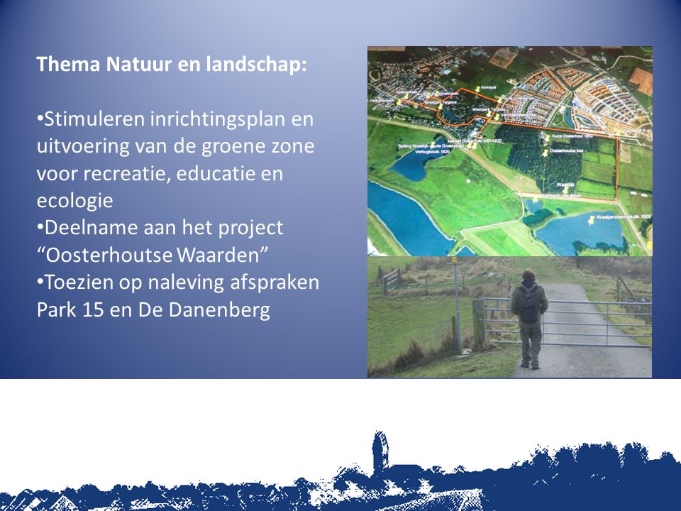 Thema Natuur en landschap: Stimuleren inrichtingsplan en uitvoering van de groene zone voor recreatie, educatie en ecologie Deelname aan het project Oosterhoutse Waarden Toezien op naleving afspraken Park 15 en De Danenberg