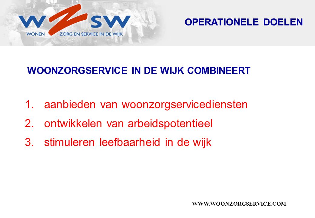 WOONZORGSERVICE IN DE WIJK COMBINEERT 1.aanbieden van woonzorgservicediensten 2.ontwikkelen van arbeidspotentieel 3.