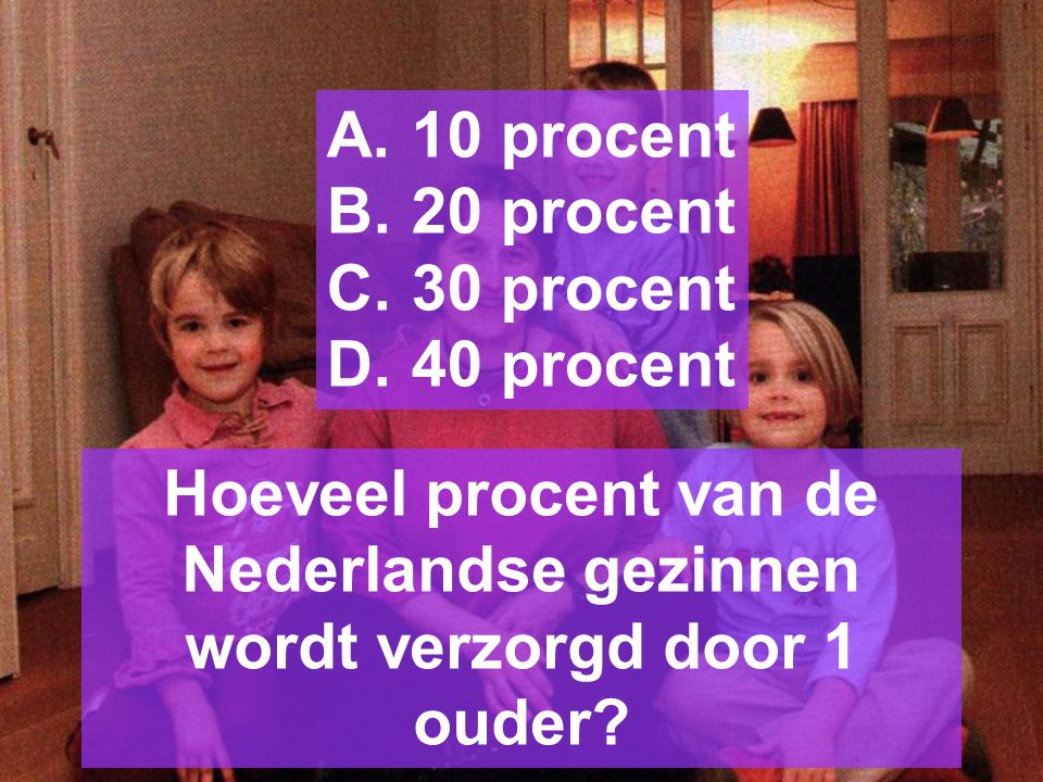 Hoeveel procent van de Nederlandse gezinnen wordt verzorgd door 1 ouder.