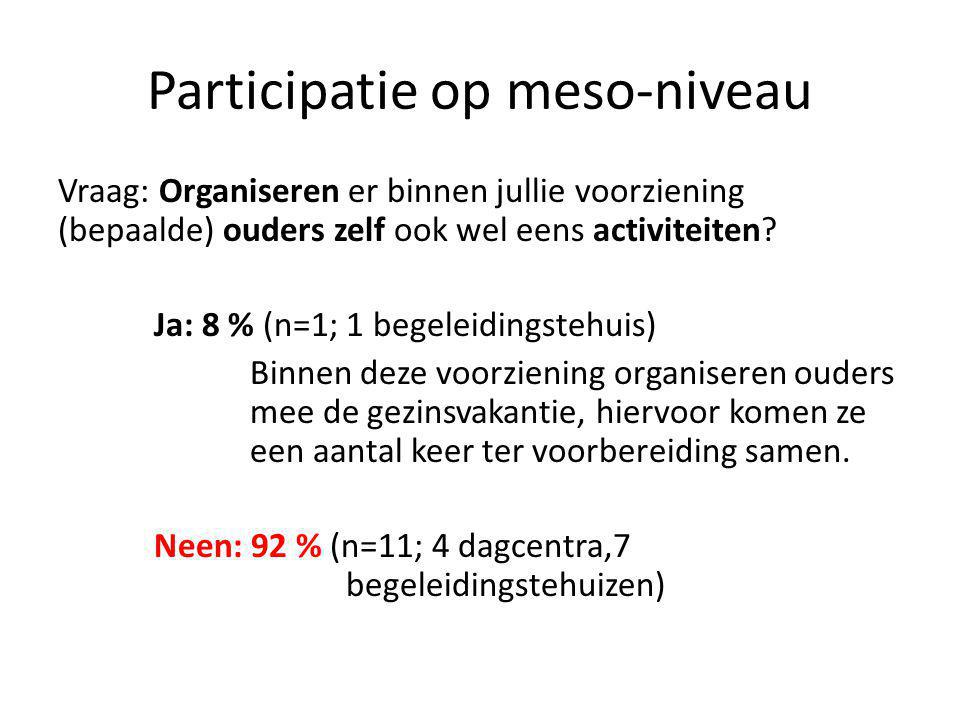 Participatie op meso-niveau Vraag: Organiseren er binnen jullie voorziening (bepaalde) ouders zelf ook wel eens activiteiten.