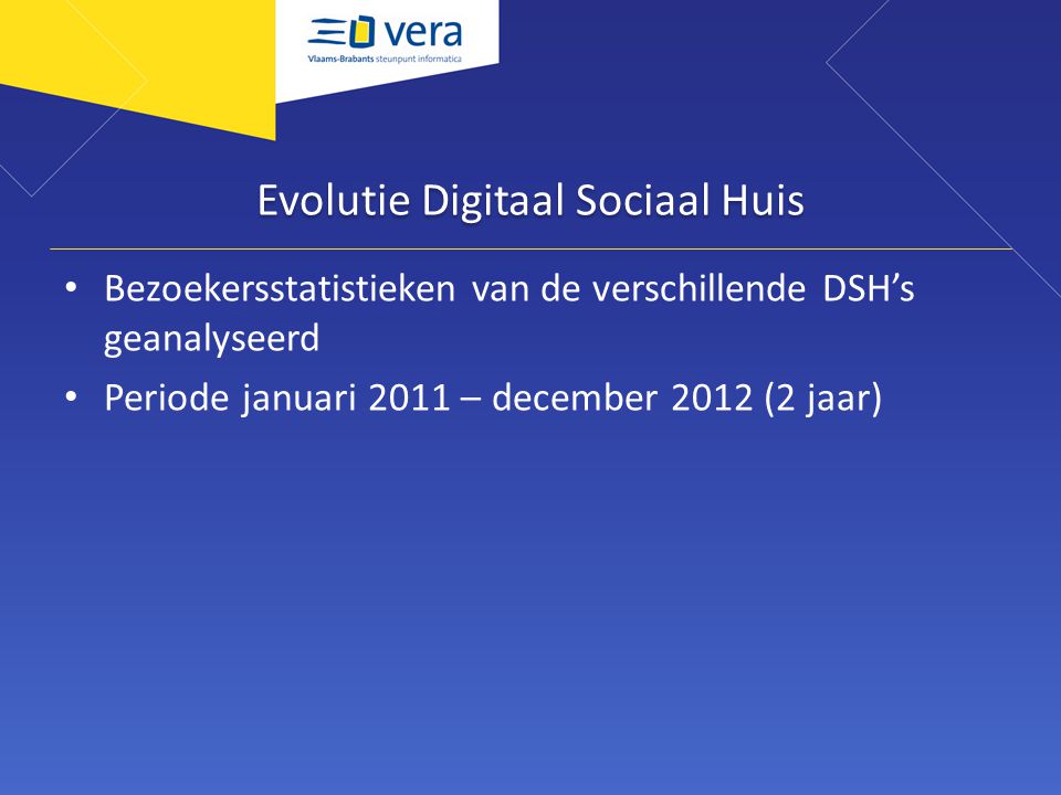 Evolutie Digitaal Sociaal Huis Bezoekersstatistieken van de verschillende DSH’s geanalyseerd Periode januari 2011 – december 2012 (2 jaar)