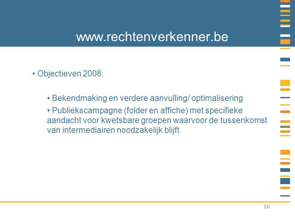 10   Objectieven 2008: Bekendmaking en verdere aanvulling/ optimalisering Publiekscampagne (folder en affiche) met specifieke aandacht voor kwetsbare groepen waarvoor de tussenkomst van intermediairen noodzakelijk blijft