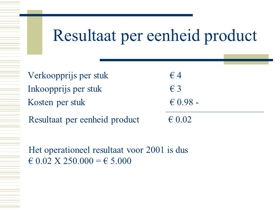 Resultaat per eenheid product Verkoopprijs per stuk € 4 Inkoopprijs per stuk € 3 Kosten per stuk € Resultaat per eenheid product€ 0.02 Het operationeel resultaat voor 2001 is dus € 0.02 X = € 5.000
