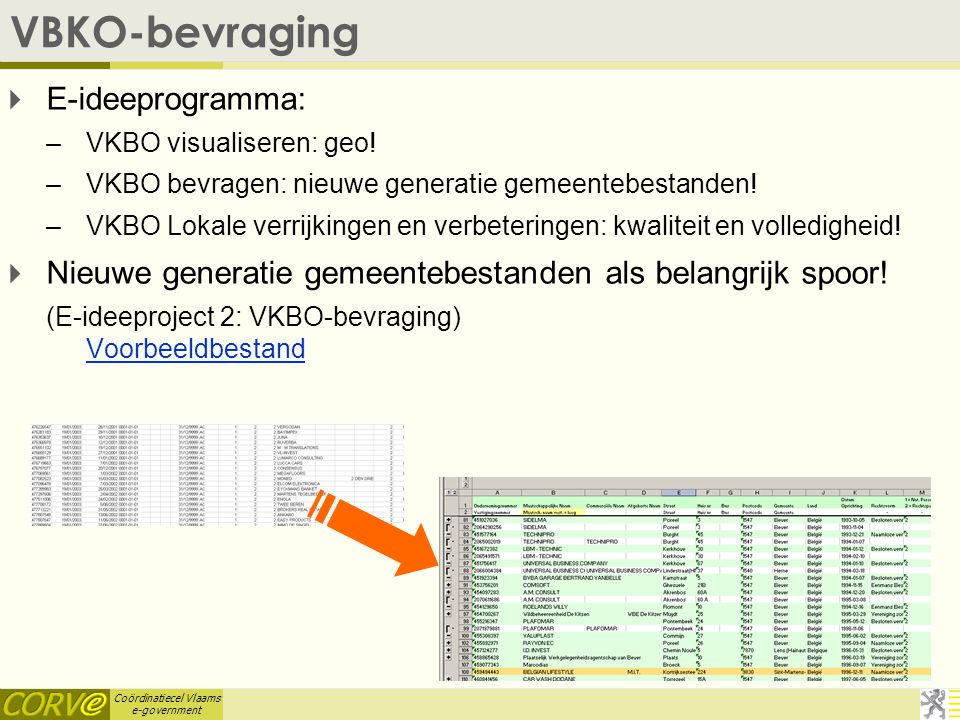 Coördinatiecel Vlaams e-government VBKO-bevraging  E-ideeprogramma: –VKBO visualiseren: geo.