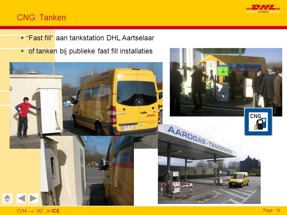 CH4 → H2, in ICE Page14 CNG: Tanken  Fast fill aan tankstation DHL Aartselaar  of tanken bij publieke fast fill installaties