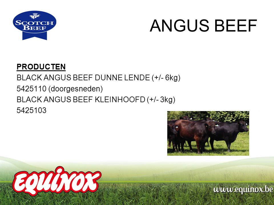ANGUS BEEF PRODUCTEN BLACK ANGUS BEEF DUNNE LENDE (+/- 6kg) (doorgesneden) BLACK ANGUS BEEF KLEINHOOFD (+/- 3kg)