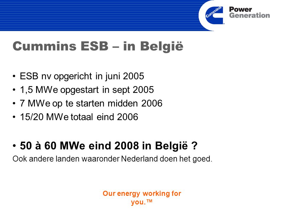 Our energy working for you.™ Cummins ESB – in België ESB nv opgericht in juni ,5 MWe opgestart in sept MWe op te starten midden /20 MWe totaal eind à 60 MWe eind 2008 in België .