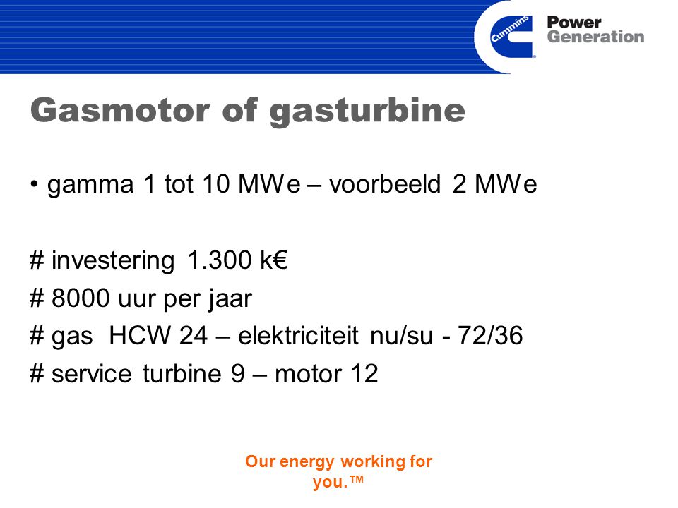 Our energy working for you.™ Gasmotor of gasturbine gamma 1 tot 10 MWe – voorbeeld 2 MWe # investering k€ # 8000 uur per jaar # gas HCW 24 – elektriciteit nu/su - 72/36 # service turbine 9 – motor 12