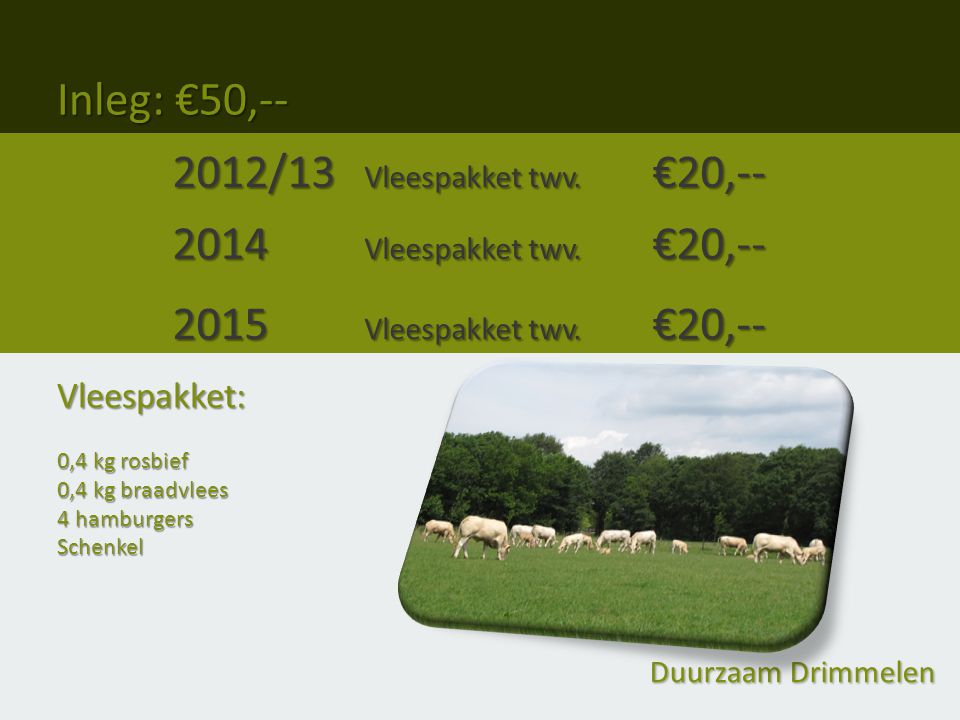 Inleg: €50, /13 Vleespakket twv. €20, Vleespakket twv.