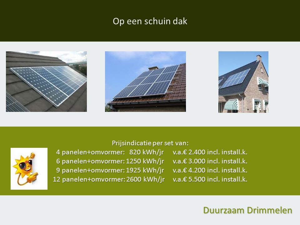 Op een schuin dak Prijsindicatie per set van: 4 panelen+omvormer: 820 kWh/jrv.a.€ incl.