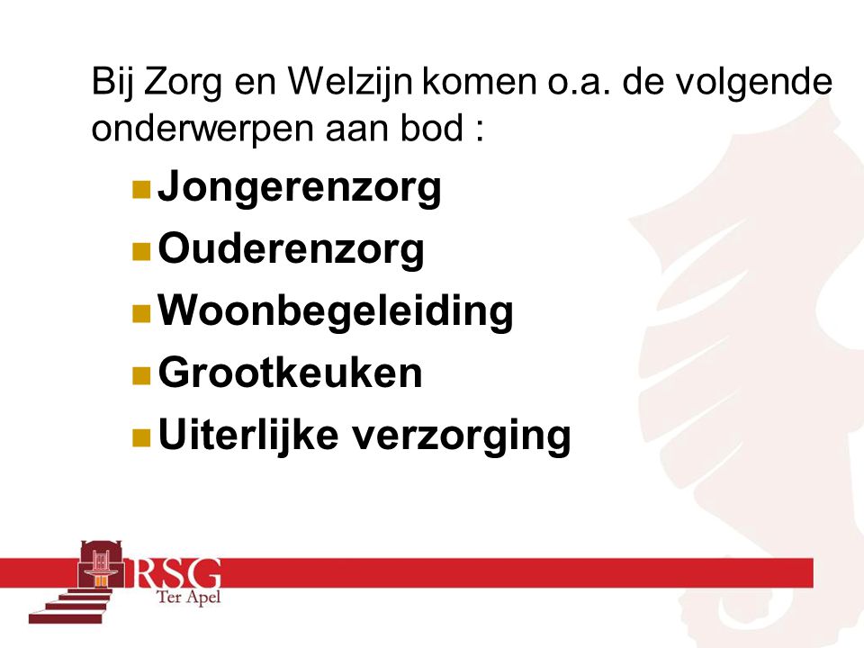 Bij Zorg en Welzijn komen o.a.