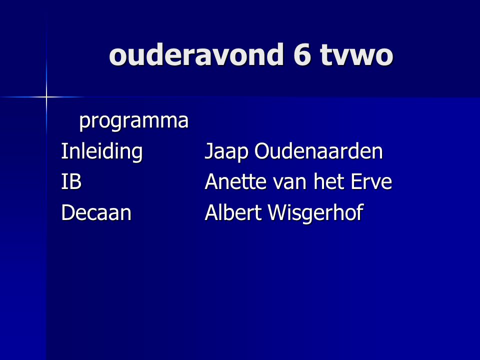 ouderavond 6 tvwo programma InleidingJaap Oudenaarden IBAnette van het Erve DecaanAlbert Wisgerhof