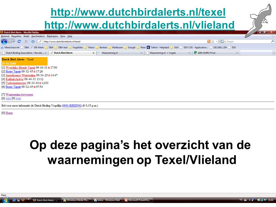 Op deze pagina’s het overzicht van de waarnemingen op Texel/Vlieland
