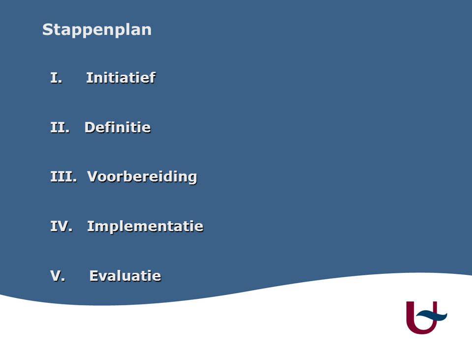 Stappenplan I. Initiatief II. Definitie III. Voorbereiding IV. Implementatie V. Evaluatie