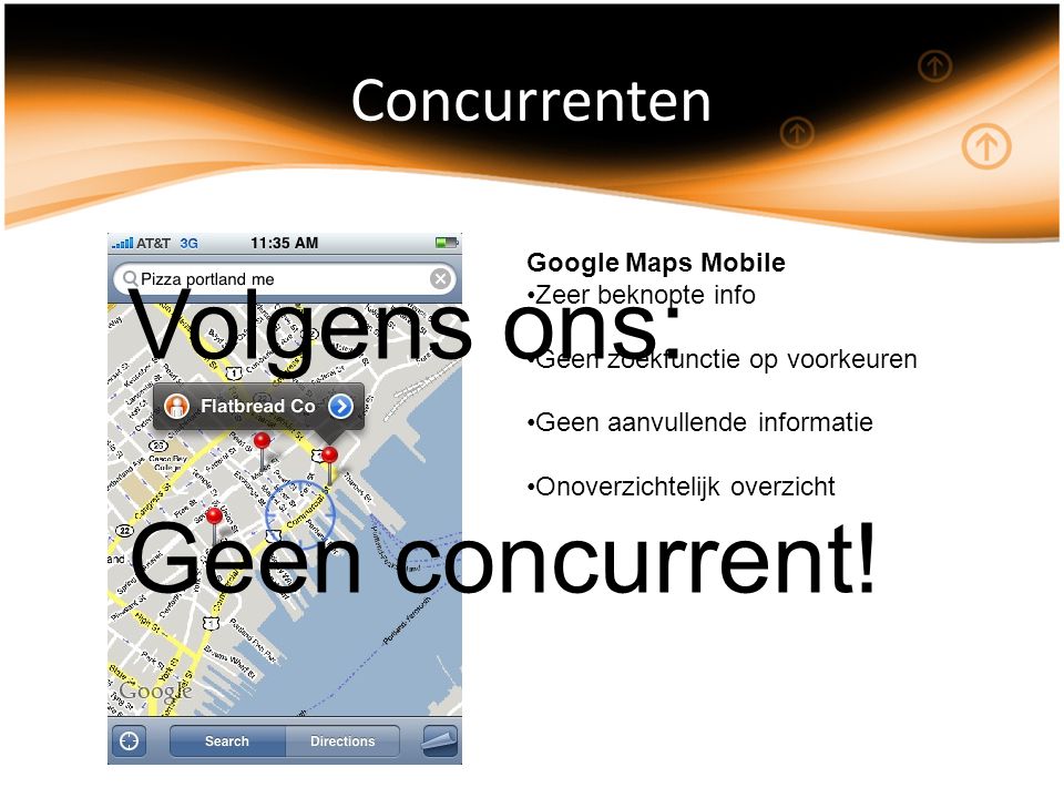 Concurrenten Google Maps Mobile Zeer beknopte info Geen zoekfunctie op voorkeuren Geen aanvullende informatie Onoverzichtelijk overzicht Volgens ons: Geen concurrent!
