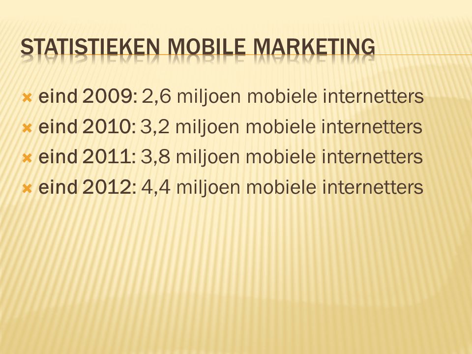  eind 2009: 2,6 miljoen mobiele internetters  eind 2010: 3,2 miljoen mobiele internetters  eind 2011: 3,8 miljoen mobiele internetters  eind 2012: 4,4 miljoen mobiele internetters