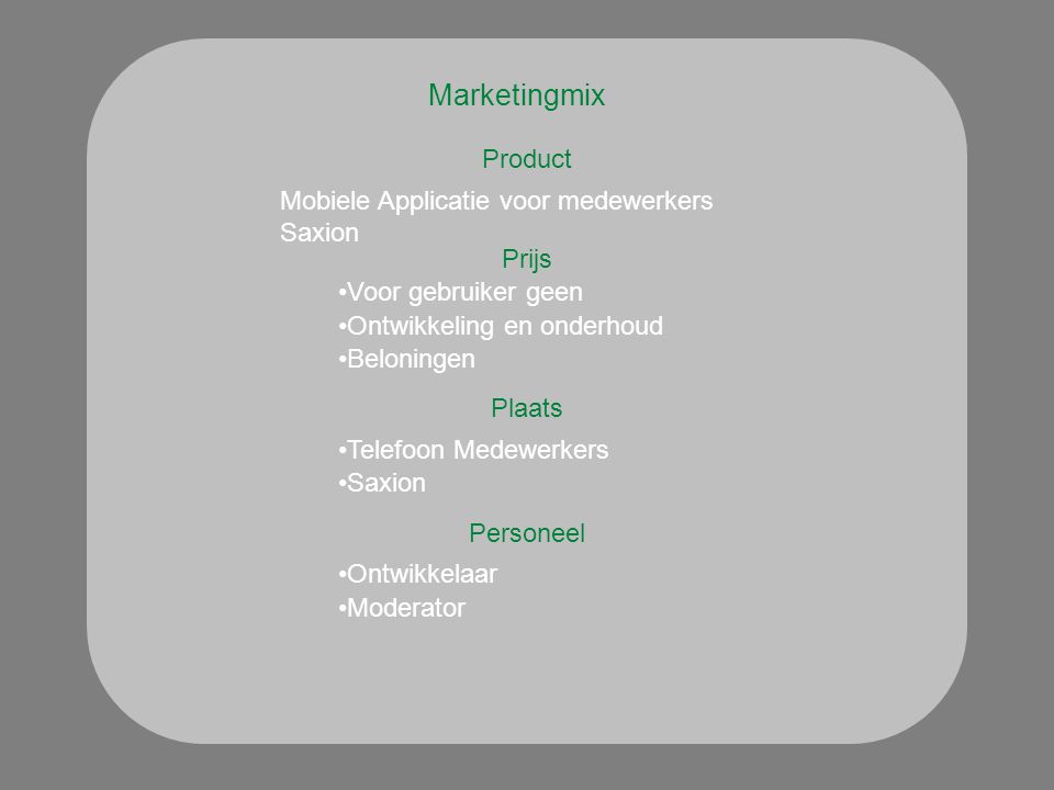 Marketingmix Product Plaats Mobiele Applicatie voor medewerkers Saxion Prijs Voor gebruiker geen Ontwikkeling en onderhoud Telefoon Medewerkers Saxion Personeel Ontwikkelaar Moderator Beloningen
