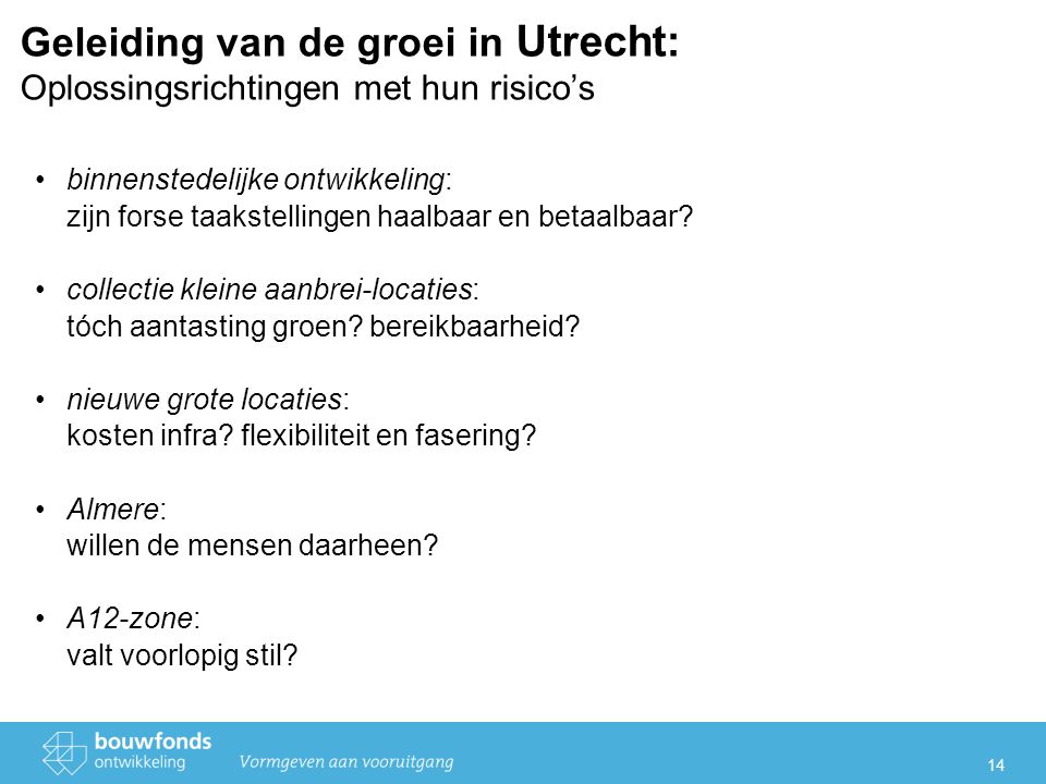 14 Geleiding van de groei in Utrecht: Oplossingsrichtingen met hun risico’s binnenstedelijke ontwikkeling: zijn forse taakstellingen haalbaar en betaalbaar.