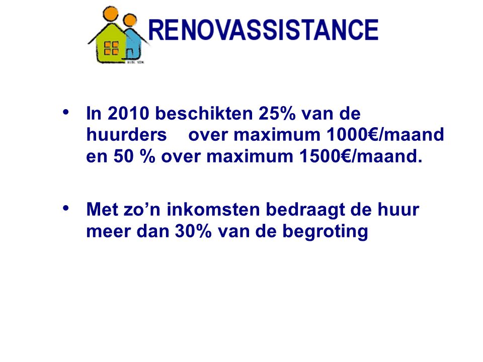 In 2010 beschikten 25% van de huurders over maximum 1000€/maand en 50 % over maximum 1500€/maand.
