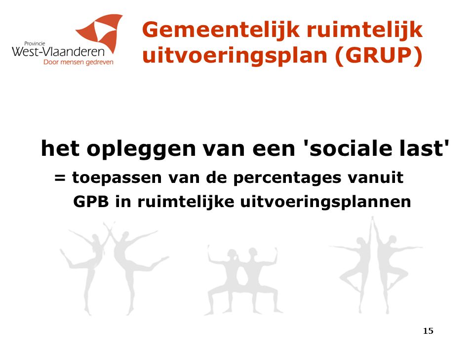 Gemeentelijk ruimtelijk uitvoeringsplan (GRUP) het opleggen van een sociale last = toepassen van de percentages vanuit GPB in ruimtelijke uitvoeringsplannen 15