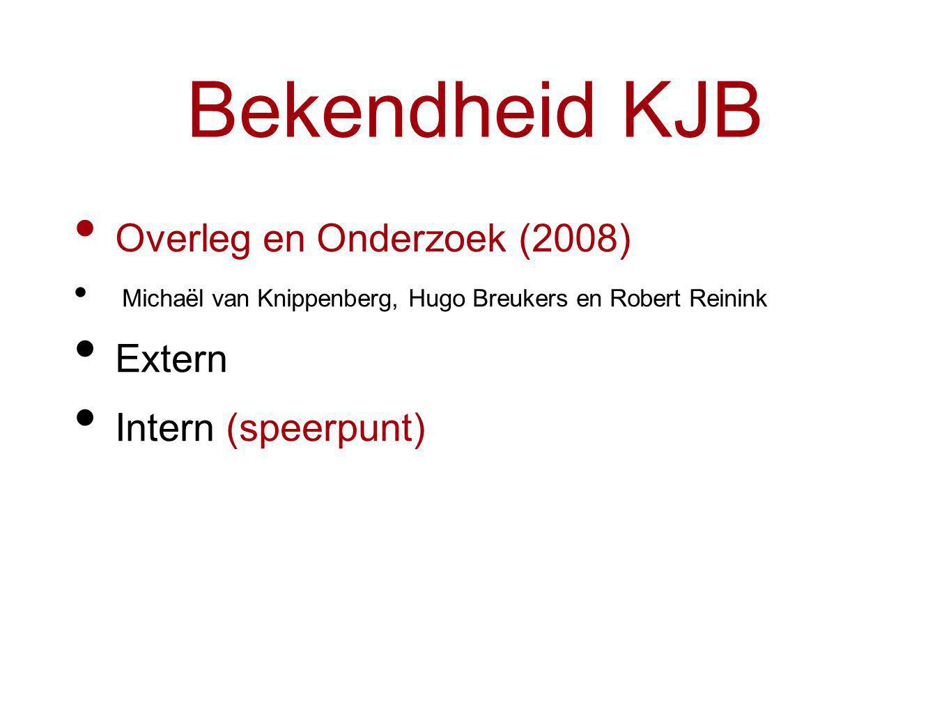 Bekendheid KJB Overleg en Onderzoek (2008) Michaël van Knippenberg, Hugo Breukers en Robert Reinink Extern Intern (speerpunt)