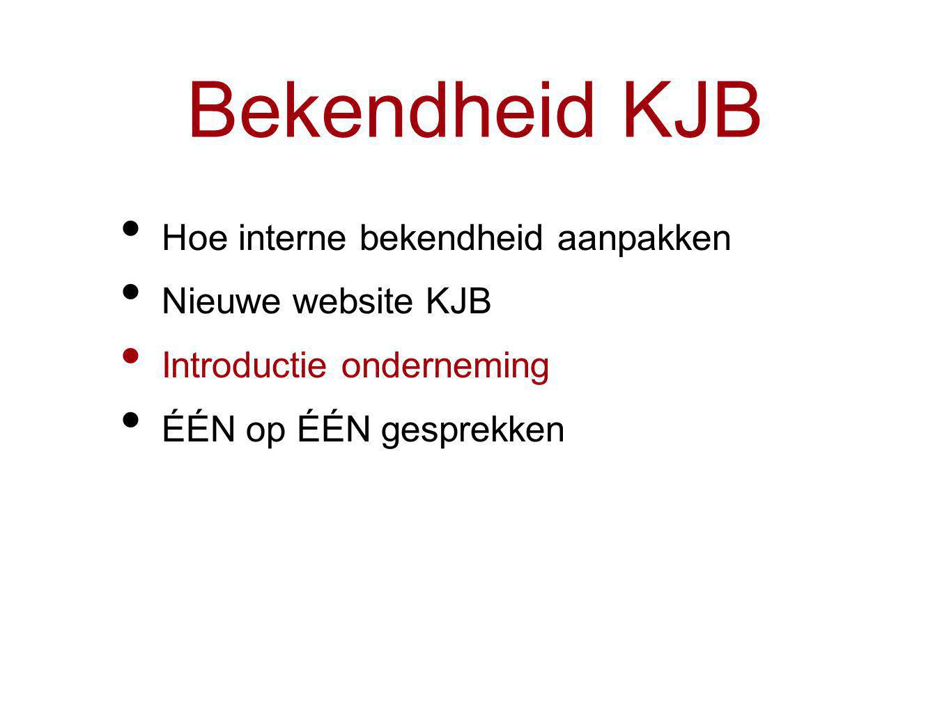 Bekendheid KJB Hoe interne bekendheid aanpakken Nieuwe website KJB Introductie onderneming ÉÉN op ÉÉN gesprekken