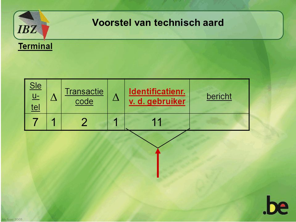 Voorstel van technisch aard Sle u- tel  Transactie code  Identificatienr.