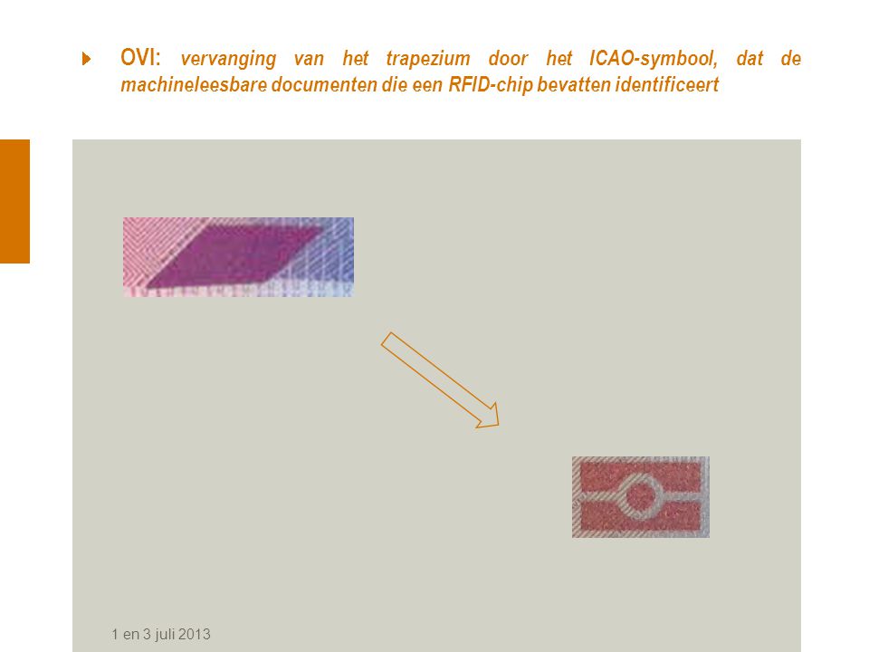 OVI: vervanging van het trapezium door het ICAO-symbool, dat de machineleesbare documenten die een RFID-chip bevatten identificeert 1 en 3 juli 2013