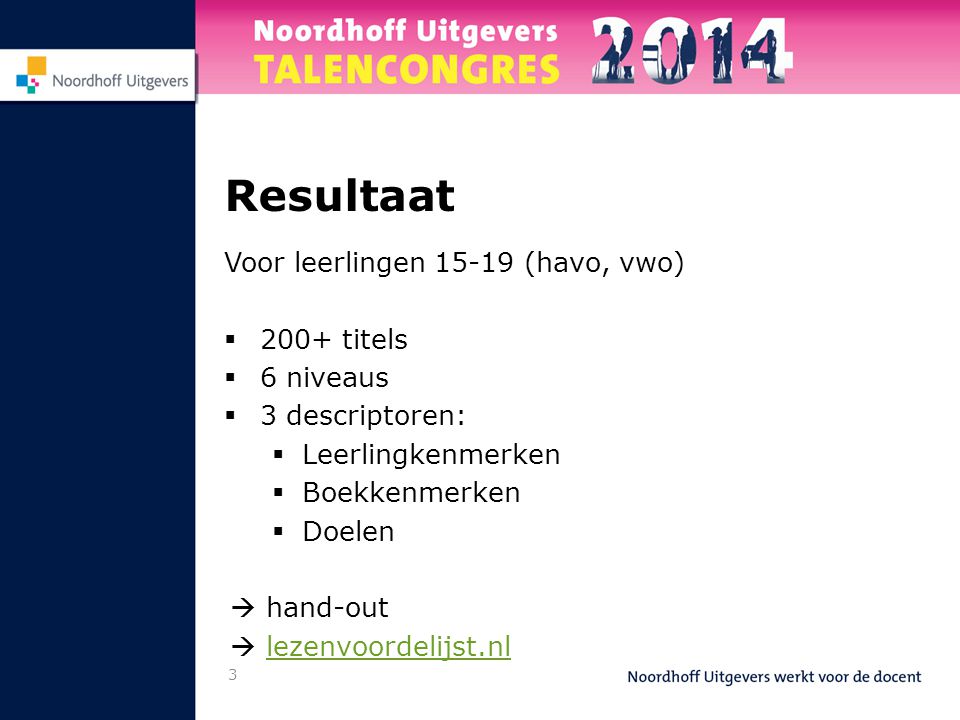 3 Resultaat Voor leerlingen (havo, vwo)  200+ titels  6 niveaus  3 descriptoren:  Leerlingkenmerken  Boekkenmerken  Doelen  hand-out  lezenvoordelijst.nl lezenvoordelijst.nl