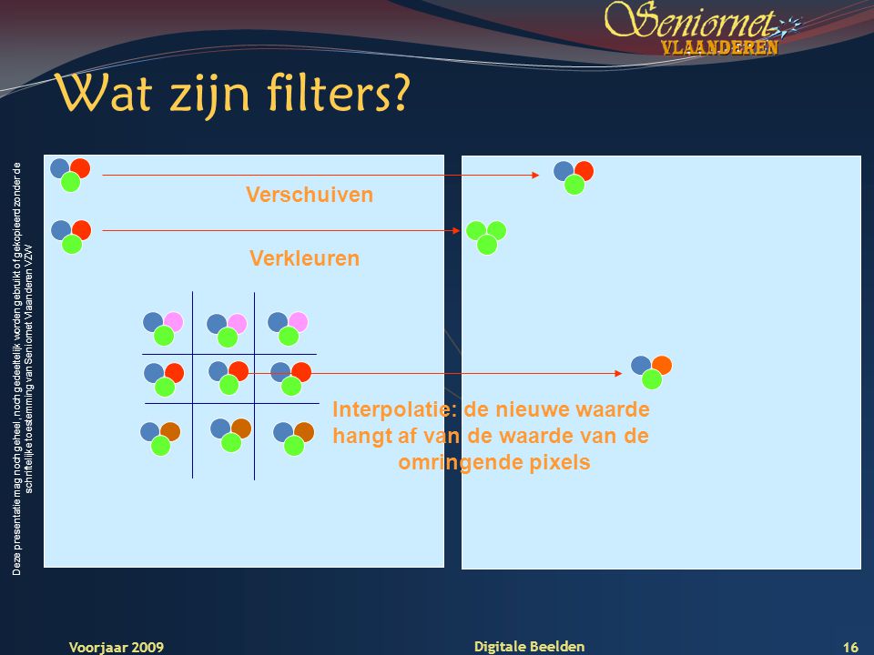 Deze presentatie mag noch geheel, noch gedeeltelijk worden gebruikt of gekopieerd zonder de schriftelijke toestemming van Seniornet Vlaanderen VZW Voorjaar 2009 Digitale Beelden Wat zijn filters.