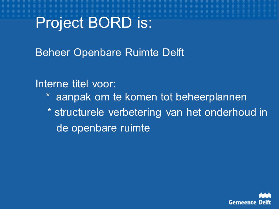 Project BORD is: Beheer Openbare Ruimte Delft Interne titel voor: * aanpak om te komen tot beheerplannen * structurele verbetering van het onderhoud in de openbare ruimte